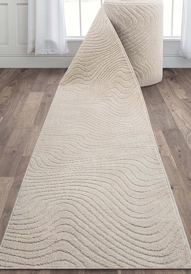 Well Woven Custom Size Hallway Stair Runner - Choose Your Length - 27 Inches Wide x 15 Feet Long Runner (27" x 15' Runner) Rug - Ivory Sibi Soft Touch, Modern Abstract - Hi-Lo Pile