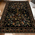 Black Rug for Living Room 5x7 Area Rugs, Machine Washable Non-Slip Carpet, Boho Floral Low Pile Throw Rugs for Bedroom, Dining Room, Office, Nursery, Vintage Home Decor