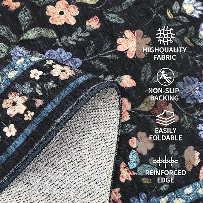 Floral Washable Rug 4x6, Non-Slip Low Pile Botanical Carpet, Vintage Farmhouse Area Rug for Bedroom Nursery Kids Room Home Decor, Dark Grey Blue