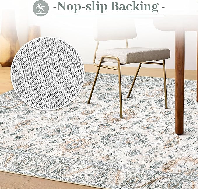Area Rug 5x7 Living Room Rug, Machine Washable Vintage Distressed Boho Area Rug Non-Slip Soft Low Pile Large Indoor Rugs for Bedroom Kitchen Dining Room Office(Brown Green,5'x7')