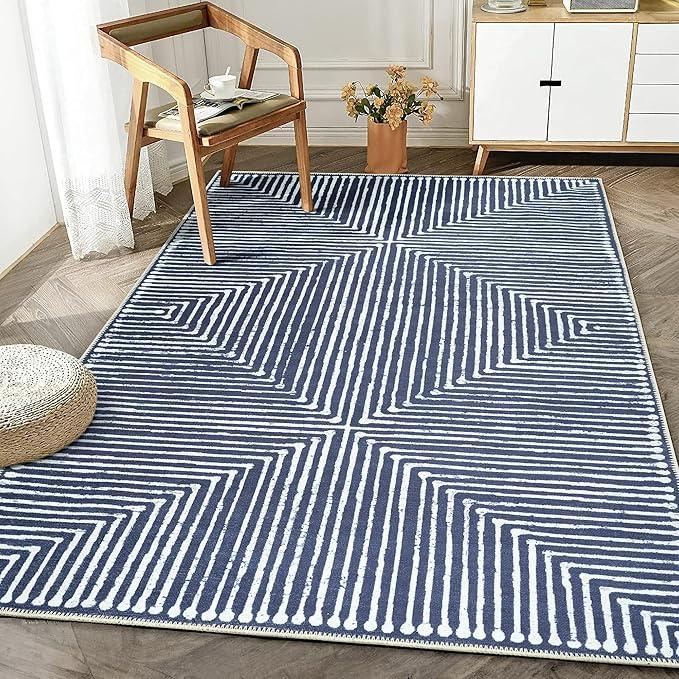 Bloom Rugs Washable Non-Slip 6' x 9' Rug - Blue Striped Area Rug for Living Room, Bedroom, Dining Room, and Kitchen - Exact Size: 6' x 9'
