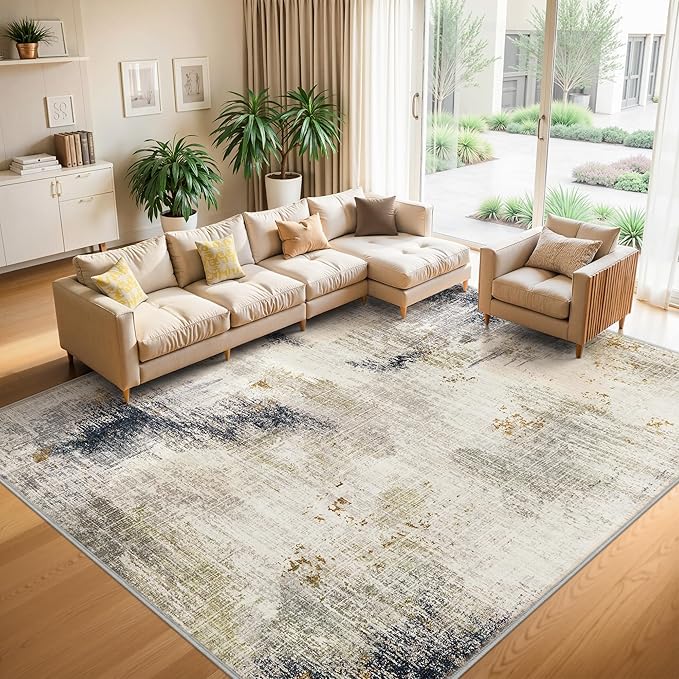 Area Rugs 9x12 Living Room - Modern Abstract Large Rugs for Living Room Non-Slip Low Pile Soft Machine Washable Carpet for Bedroom, Under Dining Table, Nursery, Farmhouse (9'x12' Beige Tan)