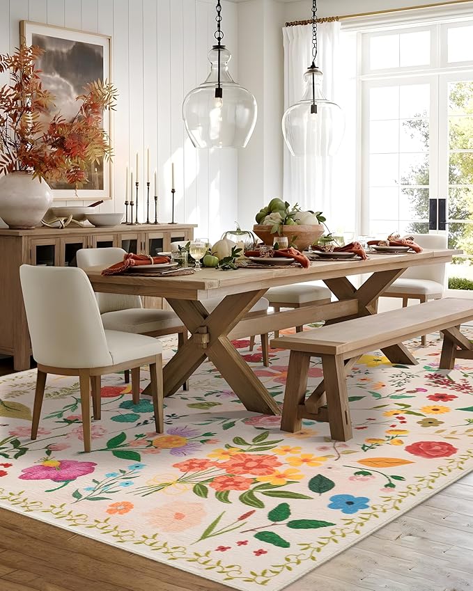 Area Rug 9x12, Washable Large Rugs for Living Room, Non Slip 0.27" Low Pile Vintage Floral Large Carpet for Bedroom, Dining Room, Kids Playroom (Beige)