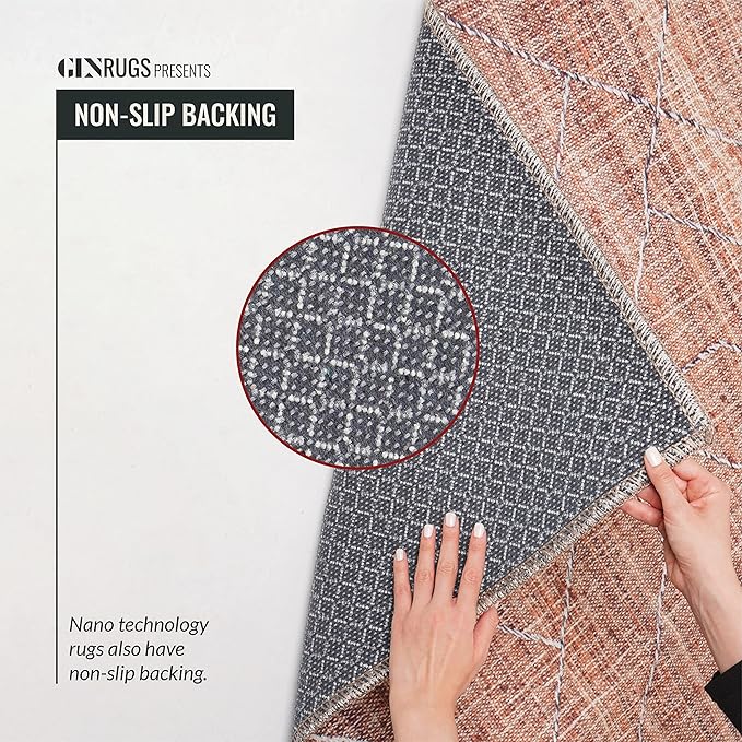 GLN Rugs Contemporary Collection - Machine Washable Area Rug, Contemporary Washable, Non Slip, Low Pile Chenille Rug, Living Room, Bedroom, Kitchen Rug (8' x 10' Grey/Green)