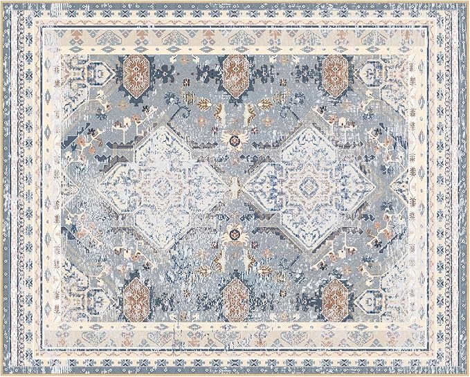 Phantoscope Washable Area Rug 8'x10' Non-Slip, Vintage Neutral Rugs for Living Room, Bedroom, Dining Room, Distressed Boho Geometric Medallion Pattern, Low-Pile Foldable Floor Carpet, Dusty Blue/Multi