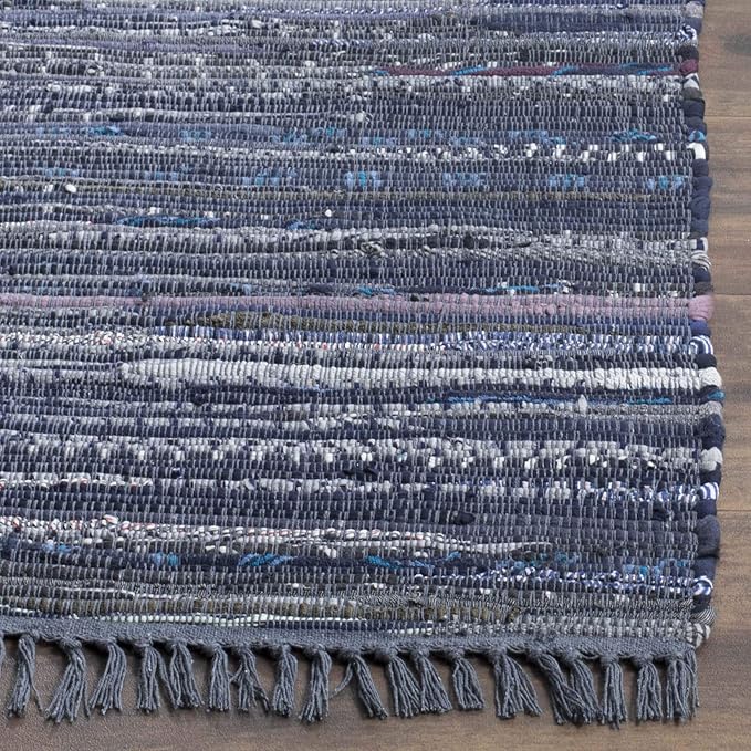 SAFAVIEH Rag Rug Collection Area Rug - 6' Square, Ink & Multi, Handmade Boho Stripe Cotton, Ideal for High Traffic Areas in Living Room, Bedroom (RAR121C)