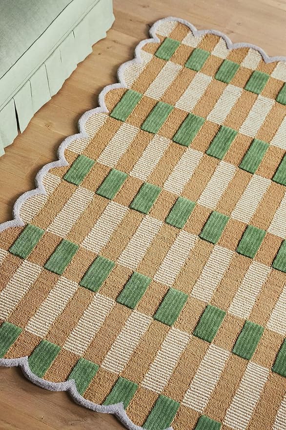 Hand-Tufted Wool Area Rug with Scalloped Edges, Beige and Green Plaid Pattern, Cozy and Soft Accent Rug for Living Room, Bedroom, and Nursery, Handmade Decorative Rug, 7x7 Ft (Square)