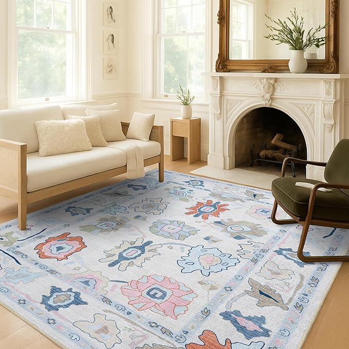Fame Living Cream Oushak Rug, Modern Rugs, Vintage, Turkish, Eclectic, Floral, Pastel, Washable, Small Throw, Accent Area Rug for Living Room, Bedroom, Kitchen, Bathroom, 2'5"x4'9"
