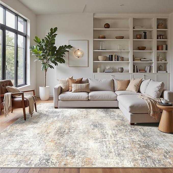 Bavni 9x12 Area Rugs Machine Washable Rug for Living Room, Modern Printed Rug Indoor Soft Area Rug for Bedroom Dining Room, Ultra-Thin Low Pile Carpet with Non Slip Rubber Backing, Beige Gray