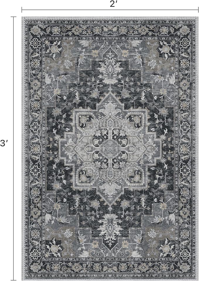 Area Rug 2x3 Doormat, Machine Washable Low Pile Rugs, Small Retro Entryway Mat for Entrance, Hallway, Kitchen and Corridor, Dark Gray
