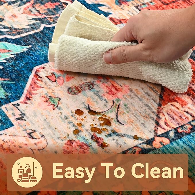 YJ.GWL Area Rugs for Living Room 5x7 Machine Washable Rugs, Non Slip Floral Vintage Rug Indoor Carpet, Stain Resistant Large Rug for Bedroom Dining Room, Red Blue Gradient Color