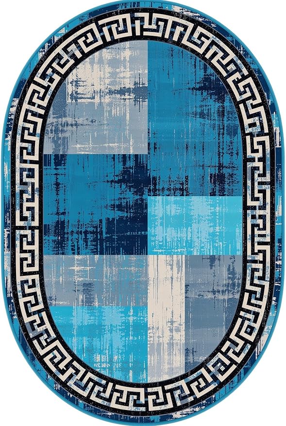 Blue Grey Black Greek Key Pattern Bordered Design Large Carpet for Living Room Bedroom Dining Room Soft Non Slip Low Pile Area Rug 7x9 Farmhouse Doormats Vintage Distressed Home Office Oval Rugs