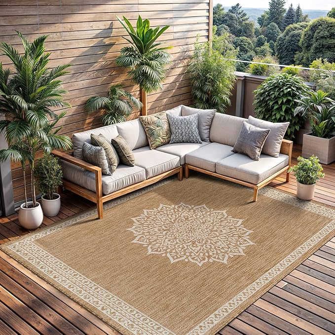 CAMILSON Outdoor Rug 6x9 Medallion Natural Modern Area Rugs for Indoor and Outdoor Patios Kitchen and Hallway Mats Washable Porch Deck Outside Carpet (Medallion Natural 6 x 9)