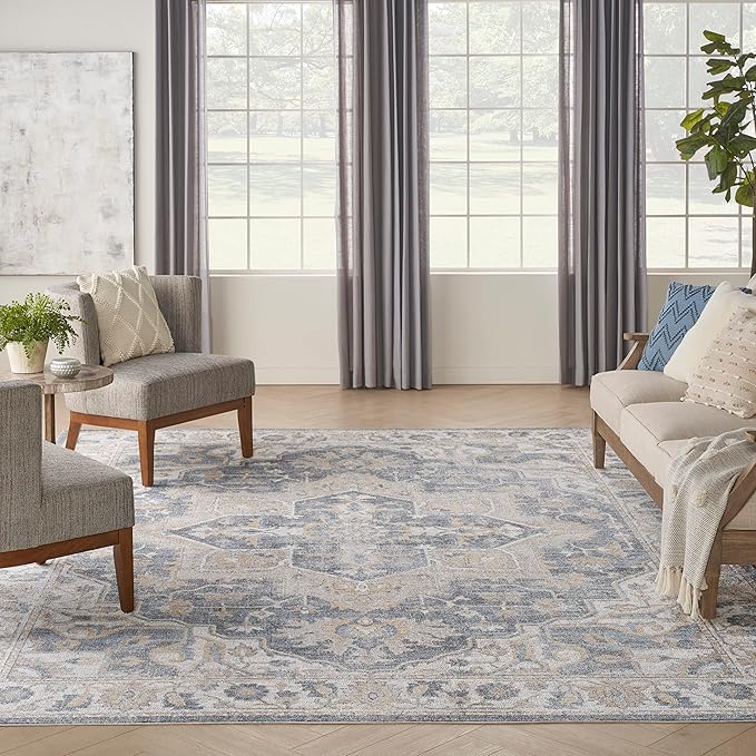 Nourison Home Astra Machine Washable Traditional Grey/Blue 7'10" x 10' Area Rug, Easy Clean, Non Shedding, Bed Room, Living Room, Dining Room, Kitchen (8x10)