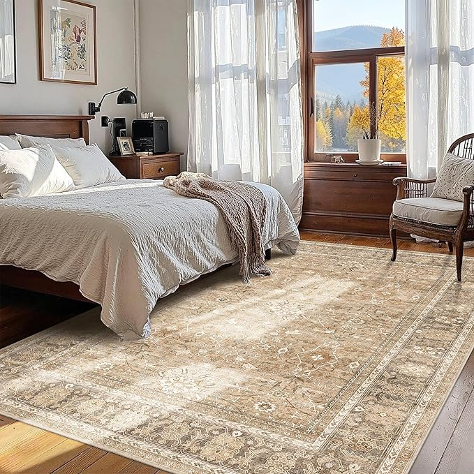 HelloTree Washable Rugs 5x7 Area Rug for Living Room, Vintage Boho Khaki Rug Non Slip Carpet Retro Accent Indoor Mat Print Distressed Low Pile Throw Large Rug for Office Bedside-Khaki