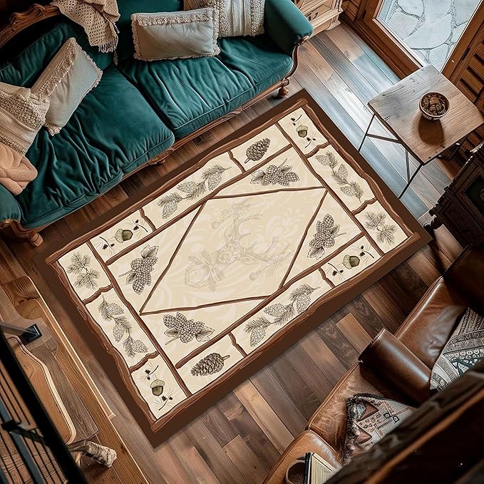 Country Cottage Deer Area Rugs 3x5ft Animal Plant Pine Cone Leaves Branches Patchwork Pattern Featured Indoor Floor Rugs, Vintage Style Non-Slip Non-Shedding Rugs for Farmhouse Office Living Room