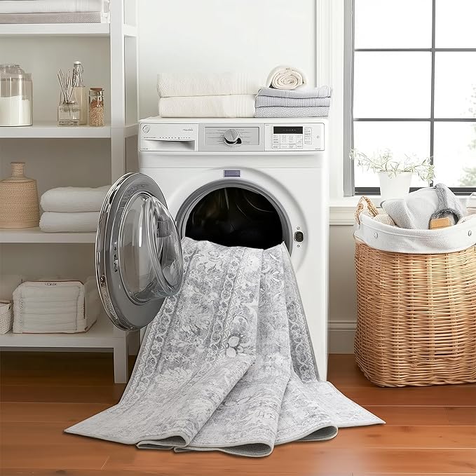 ReaLife Rugs Machine Washable Area Rug Runner - Living Room Bedroom Bathroom Kitchen Entryway Office - Padded Low Pile Stain Resistant Premium - Boho Farmhouse Vintage - Noor - Silver Ivory 2'6" x 6'