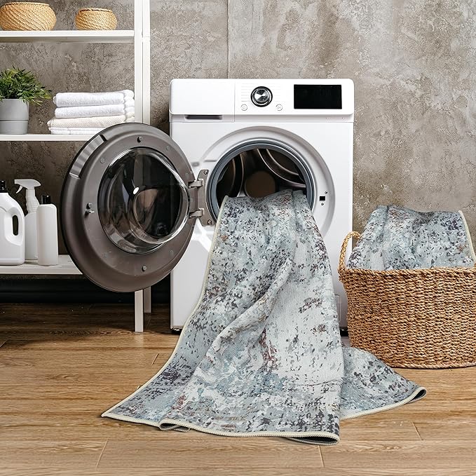 GLN Rugs Contemporary Collection - Machine Washable Area Rug, Contemporary Washable, Non Slip, Low Pile Chenille Rug, Living Room, Bedroom, Kitchen Rug (5' x 7' White/Grey/Blue/Brown)