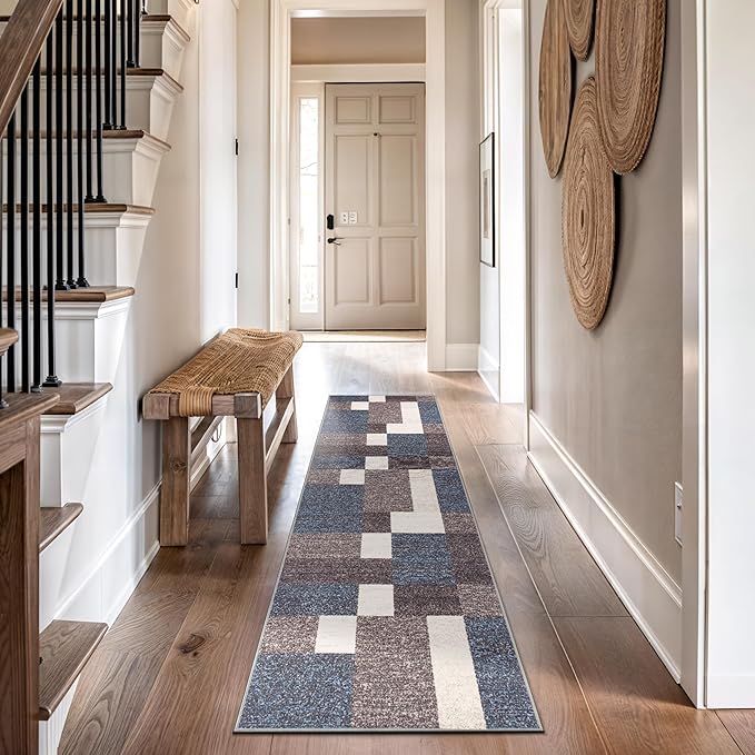 Rugshop Contemporary Modern Boxes Design Non-Slip (Non-Skid) Carpet for Hallway,Kitchen,Entryway Runner Rug 2'7" x 12' Blue