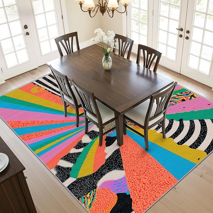 Graffiti Living Room Rug - Colorful Abstract Art Rug, 7x9 Area Rugs, Hippie Aesthetic Funky Washable Foldable Large Carpet Home Decor #C089