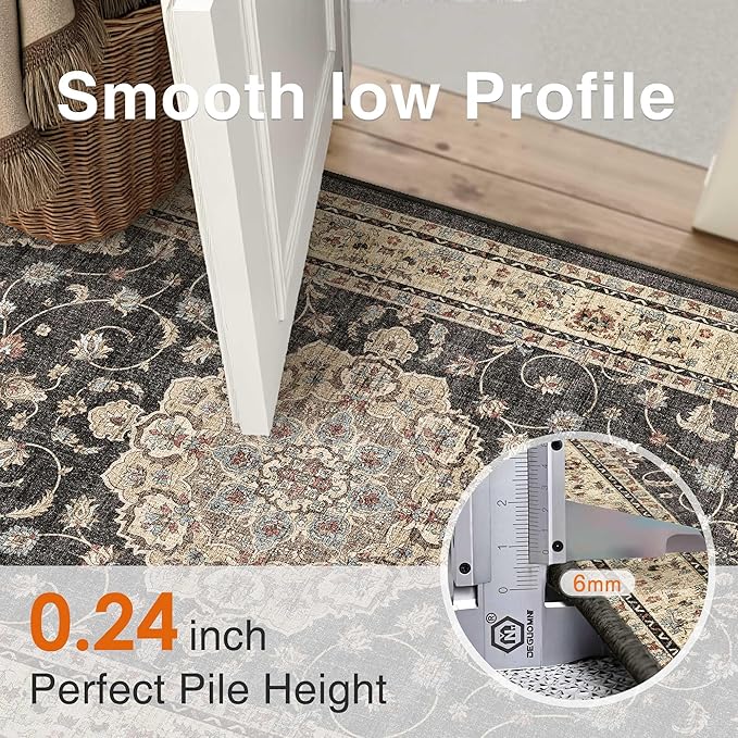 HUGEAR Machine Washable Area Rugs 5x7 Vintage Black Living Room Bedroom Rug Neutral Style Non Slip Stain Resistant Low Pile Throw Carpet for Home Retro Aesthetic Modern Decor
