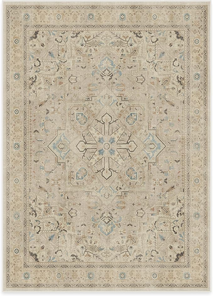 RUGGABLE Washable Vintage Area Rug – Kamran Ivory Opal 5x7, Stain-Resistant, Non-Slip – Medium Machine Washable Rugs for Living Room, Bedroom, Hallway, Entryway & Office–with Standard Pad