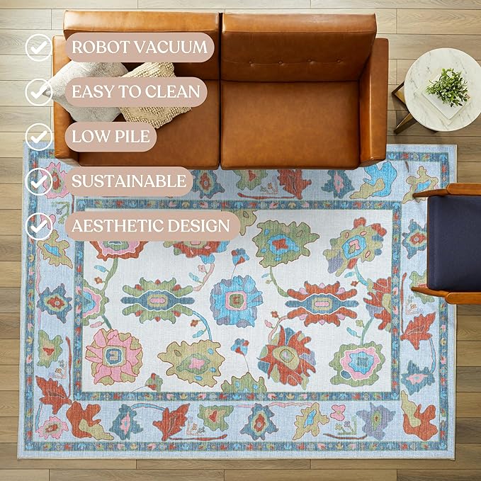 Fame Living Colorful Oushak Rug, Modern, Vintage, Turkish, Eclectic, Floral, Pastel, Washable, Area Rugs for Living Room, Dining, Bedroom, Nursery, Girls, Boys, 5'9"x8'9"