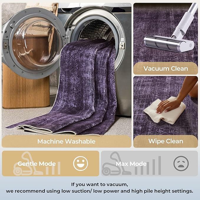 Kokia Abstract Area Rugs 9x12 Bedroom Washable Decor Low Pile Non-Slip Non-Shedding Indoor Carpet Foldable Stain Resistant Floor Mat Living Room Dining Room, Purple Rug, Oslo Dusty