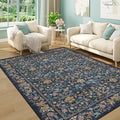 DUKINO 5x7 Area Rugs, Floral Washable Rugs for Bedroom with Non Slip Backing, Vintage Low Pile Indoor Floor Carpets for Bedroom, Living Room, Farmhouse, Home Office, Dining Room, Dark Blue