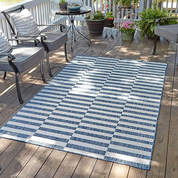 Unique Loom Outdoor Collection Classic Stripes, Transitional Indoor & Outdoor Area Rug, (8' 0 x 11' 0, Navy Blue/ Ivory