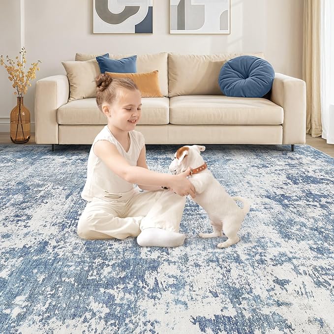 8x10 Area Living Room Rugs - Washable Neutral Modern Abstract Soft Thin Rug Indoor Floor No Slip Rug Carpet for Bedroom Under Dining Table Home Office Decor - Blue White