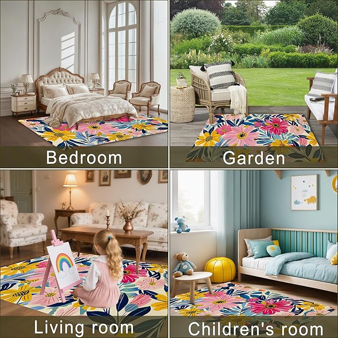 Pink Flowers Summer Area Rug for Living Room, Non-Slip Backing Low Pile Modern Abstract Rug for Indoor Use, 5x7 Washable Carpet