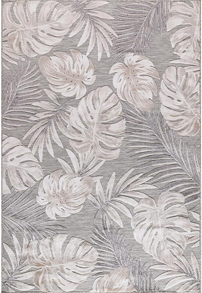 CAMILSON Indoor Outdoor Rug, Beige 5x7 Leaf Tropical Botanical Area Rugs for Indoor and Outdoor patios, Easy-Cleaning Non-Shedding Living Room, Garden and Kitchen Washable Outside Carpet (5 x 7)