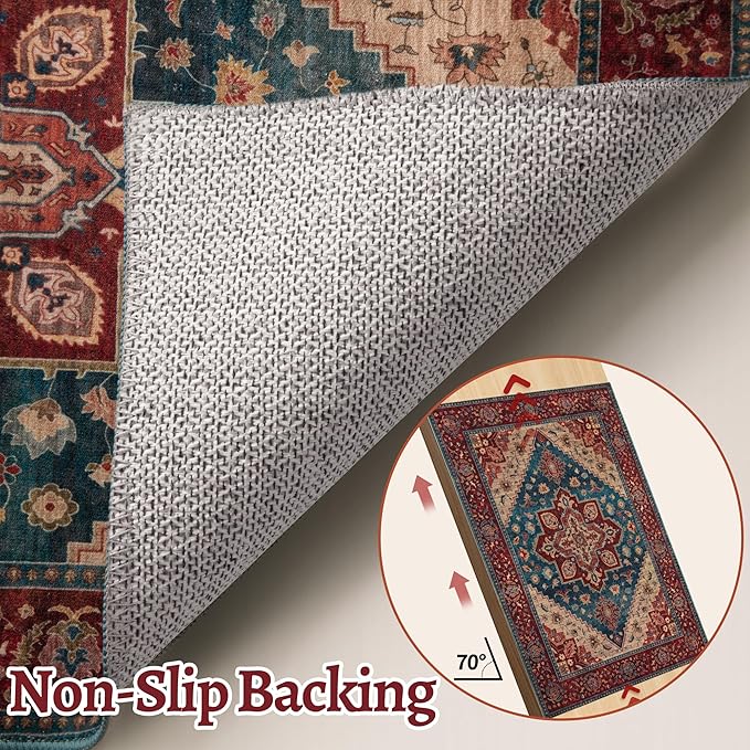 Tangsoo 3x5 Washable Rug, Oriental Indoor Area Rugs, Vintage Non Slip Accent Rug, Print Distressed Boho Red Carpet, Soft Low Pile Rugs for Living Room Dorm Bedroom Bedside Entryway Bathroom