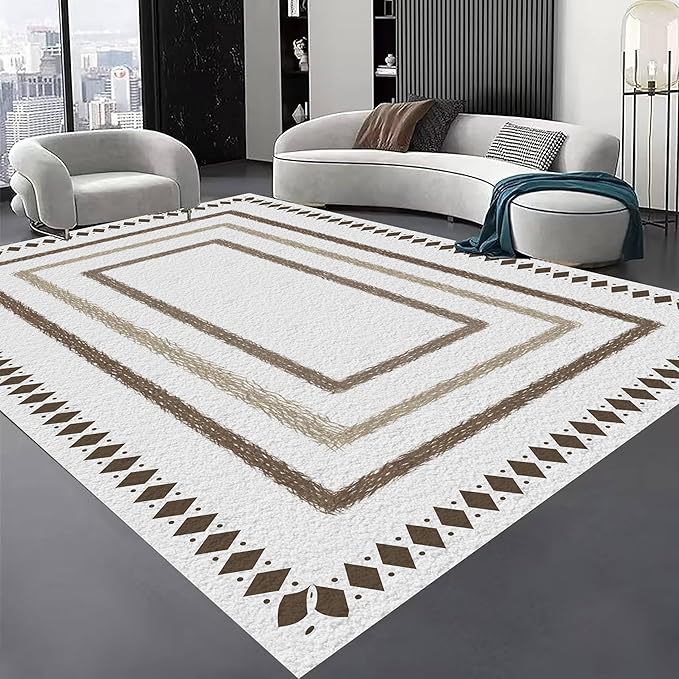 Moroccan Farmhouse Area Rugs 6x9ft, Neutral Geometric Pattern in Off-White Rug, Low Pile Machine Washable & Non-Slip Soft Carpet for Living Room, Bedroom & Dining Room