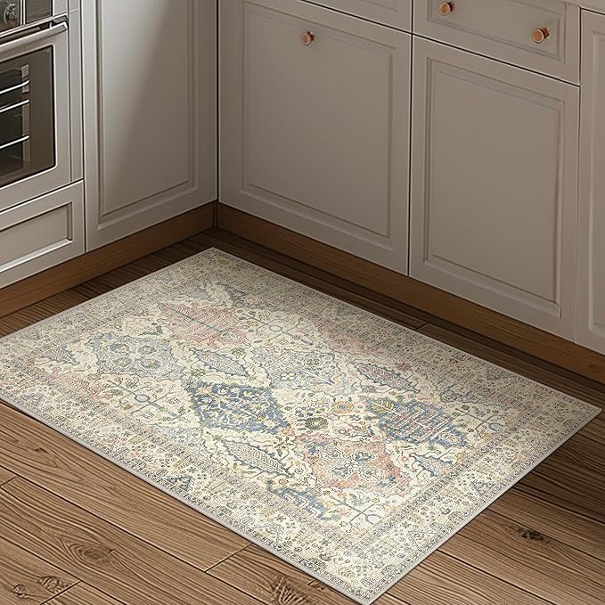 Bavni Area Rug 2X3, Small Aesthetic Entryway Rug, Non Slip Rugs for Front Door, Vintage Indoor Washable Carpet for Kitchen Bathroom, Beige Ivory