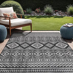 Beverly Rug Waikiki Boho Indoor Outdoor Rug 10x14, Washable Outside Carpet for Patio, Deck, Porch, Bohemian Area Rug, Farmhouse Rugs, Aztec Tribal Rug, Black and White