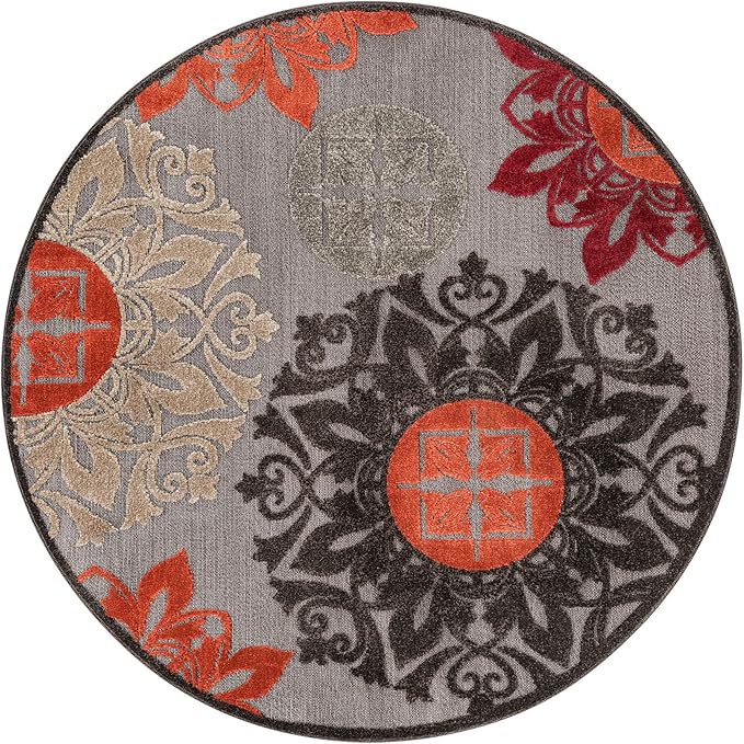 Unique Loom Outdoor Modern Collection Area Rug - Chicago (5' 3" Round Brown/Orange)