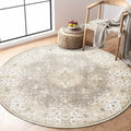 MUJOO Beige Round Rug 4ft,Circle Washable Area Rugs for Bedroom Living Room Bathroom,Vintage Bohemian Distressed Farmhouse Non Slip Circular Carpet,Floral