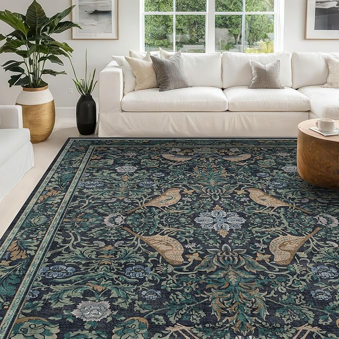 Washable 9x12 Area Rug for Living Room - Dark Blue Dining Rugs for Under Table, 9 by 12 Low Pile & Soft Boho Room Décor for Bedroom, Bird & Floral Design, Non-Slip