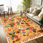 Floral 3x5 Area Rug Machine Washable Soft Print Boho Carpet Non Slip Doormat Low Pile Flower Area Rugs for Living Room Bedroom Nursery Kitchen Dining Room Indoor-Yellow/Orange