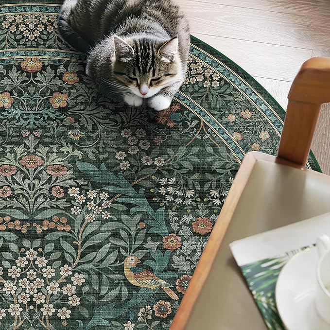 4ft Round Area Rugs for Living Room, Washable Floral Circle Rug Non Slip Low Pile, Vintage Boho Botanical Birds Throw Carpet for Farmhouse, Bedroom, Dining Room, Retro Green/Blue