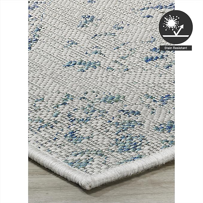 FH Home Flat Woven Outdoor Rug - Waterproof, Easy to Clean, Stain Resistant - Premium Polypropylene Yarn - Distressed Farmhouse - Large Patio, Deck, Sunroom - Granada - Aqua - 7ft 10in x 10ft 9in