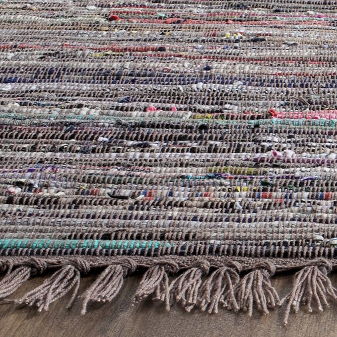 SAFAVIEH Rag Rug, Collection Area Rug - 5' Square, Rust & Multi, Handmade Boho Stripe Cotton, Ideal for High Traffic Areas in Living Room, Bedroom (RAR121E)