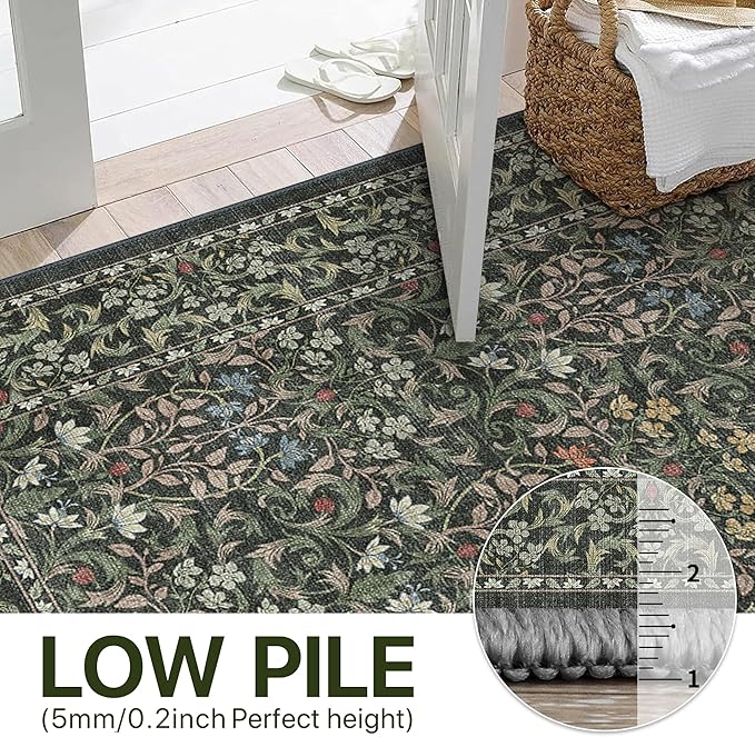 Bavni Floral Hallway Runner Rug 2'6" x 8', Washable Non Skid Boho Carpet for Entryway Kitchen Laundry Room, Soft Ultra Thin Botanical Long Runner for Indoor Floor Decor, Emerald Green