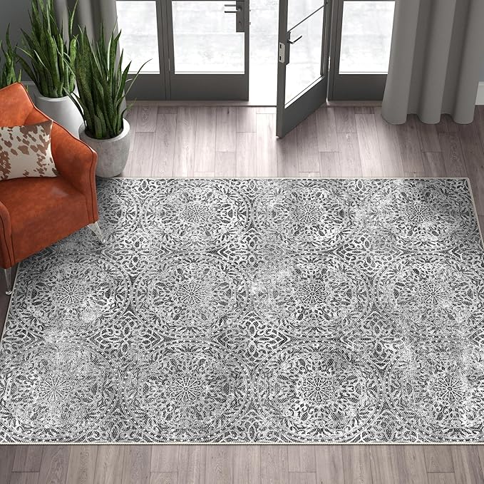 vivorug 9x12 Area Rugs for Living Room, Non Slip Machine Washable Vintage Grey Rug, Ultra-Thin Lightweight Large Area Rug for Bedroom, Dining Room, Low Pile Rug