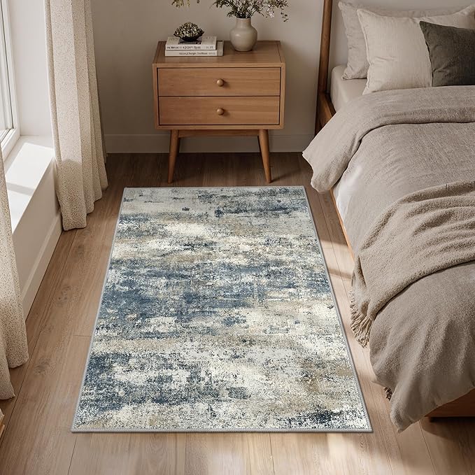 GENIMO 3x5 Rug for Entryway Washable Area Rug, Modern Abstract Small Rugs for Entrance Living Room, Bedroom Beside Rugs, Non-Slip Low Pile Lightweight Soft Carpet, Navy Blue