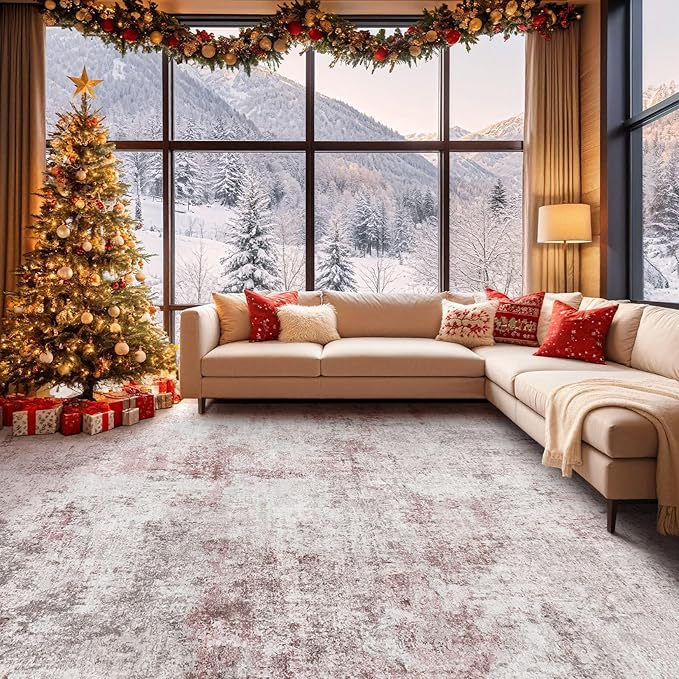 5x7 Area Living Room Rugs - Washable Neutral Modern Abstract Soft Thin Large Rug Indoor Floor No Slip Rug Carpet for Bedroom Under Dining Table Home Office Decor - Pink