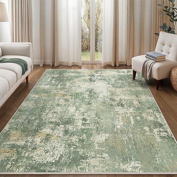 GENIMO 6x9 Area Rugs for Living Room, Machine Washable Rug Non Slip, Low Pile Ultra-Thin Lightweight Large Carpet, Abstract Modern Rugs for Bedroom, Dining Room, Office, Nursery, Olive Green