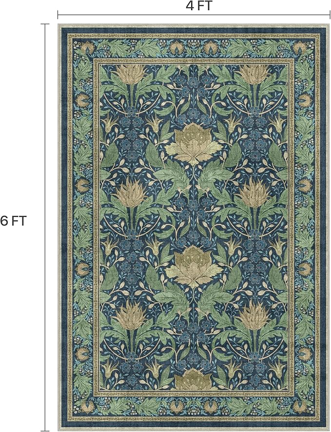Bavni 4x6 Area Rugs, Floral Machine Washable Rugs for Living Room, Dinning Room, Bedroom, Non Slip Aesthetic Vintage Low Pile Durable Lightweight Farmhouse Rug, Tea Green/Blue